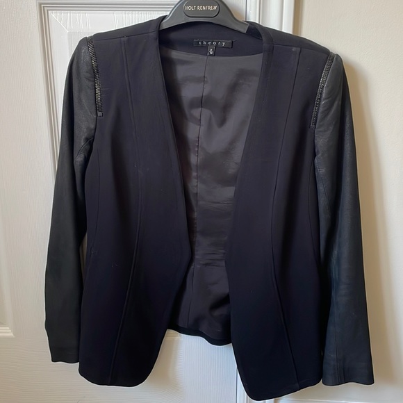 Theory black blazer with leather sleeve - Picture 1 of 5
